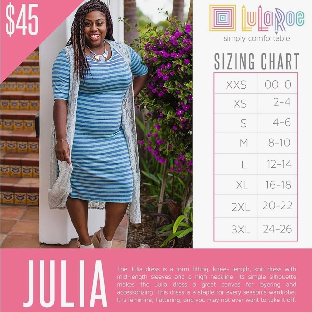 LuLaRoe Julia Blue and Pink Flowered Dress with Mid Length Sleeves - Picture 9 of 9